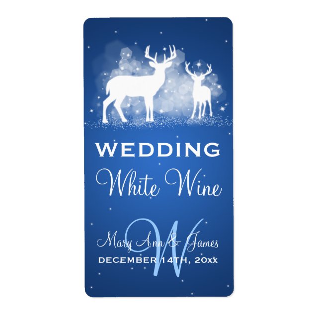 Wedding Wine Label Winter Deer Sparkle Blue (Front)