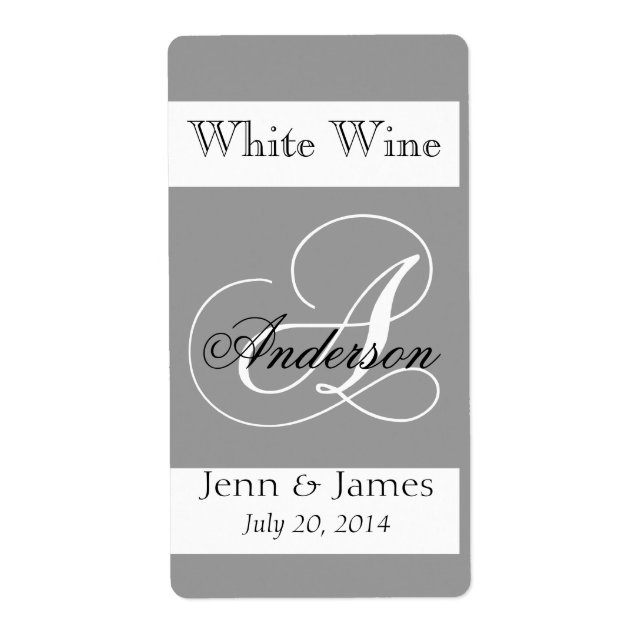 Wedding Wine Labels Silver Grey Monogram A (Front)