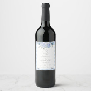 Wedding Wine   Monogram Blue Gingham Floral Wine Label