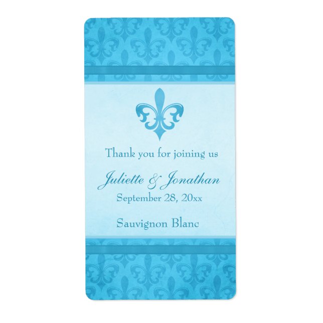 Wedding wine personalised label fleur de lis blue (Front)