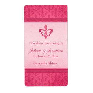 Wedding wine personalised label fleur de lis pink