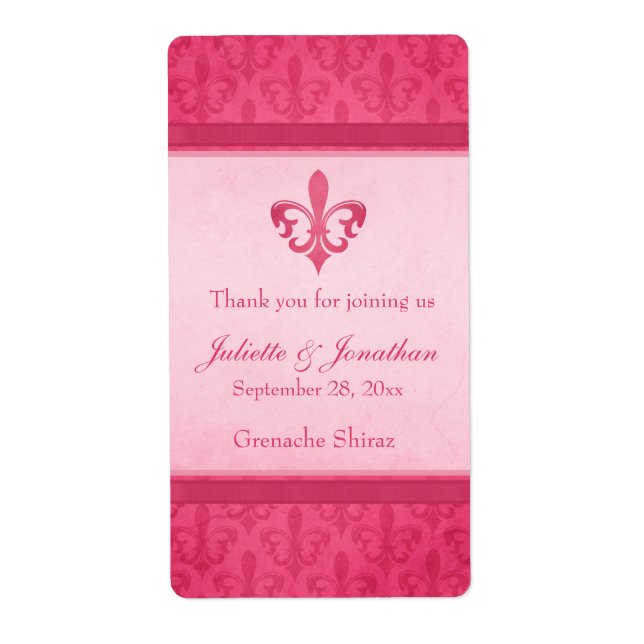 Wedding wine personalised label fleur de lis pink (Front)