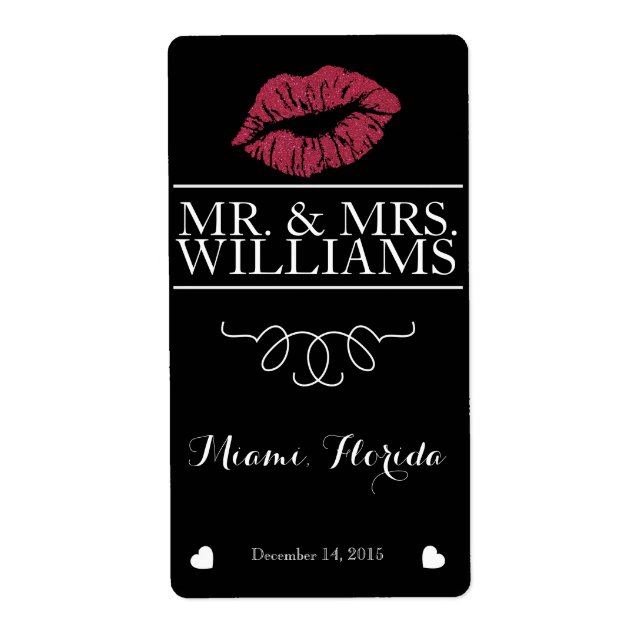 wedding wine table wine bottle label lips glitter (Front)