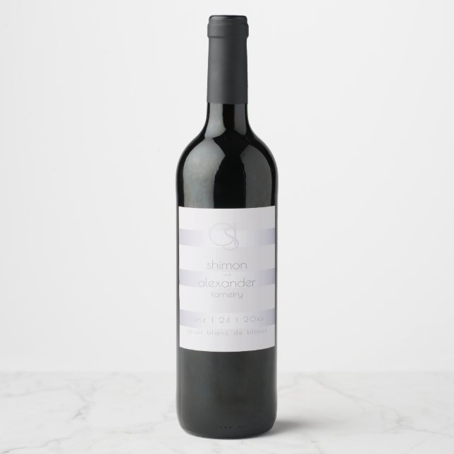 Wedding Wine | Violet Silver Shimmer Stripes Wine Label (Front)