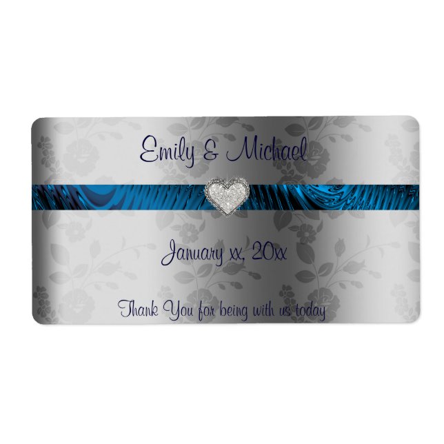 Wedding Wine / Water Label, Blue and Silver, Heart (Front)
