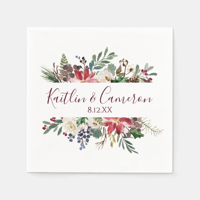 Wedding Winter Holiday Napkins | Burgundy Blue (Front)