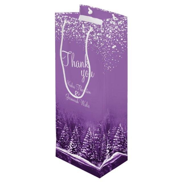 Wedding winter pine trees purple art thank you wine gift bag (Back Angled)