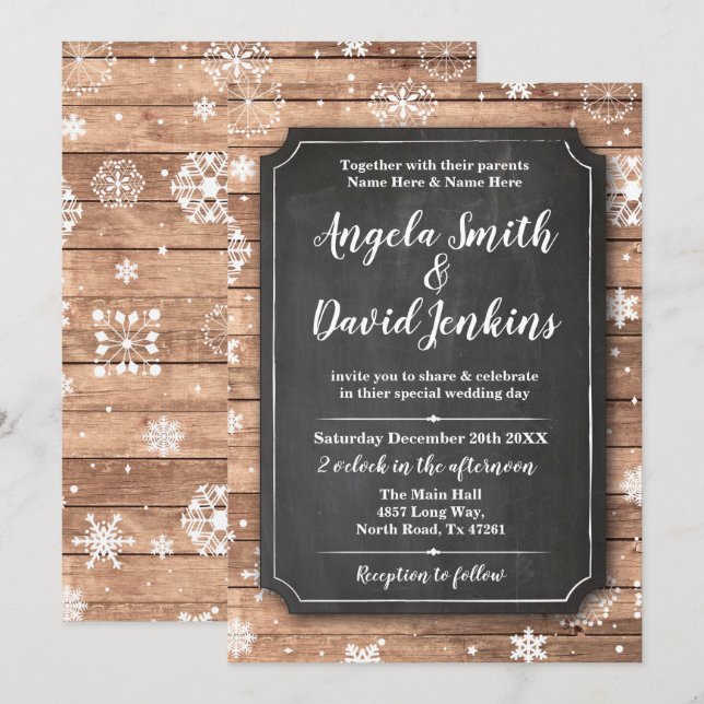 Wedding Winter Wood Wonderland Chalk Snowflakes Invitation (Front/Back)