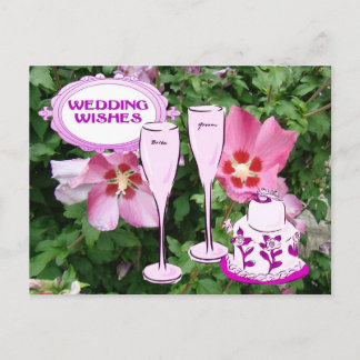 Wedding wishes, champagne and wedding cake postcard