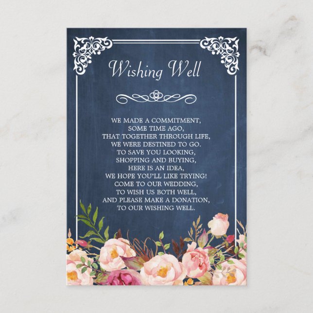 Wedding Wishing Well Blue Chalkboard Pink Floral Enclosure Card (Front)