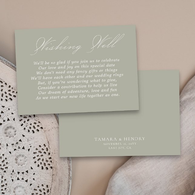 Wedding Wishing Well Calligraphy Script Sage Green Enclosure Card (Sage green wedding wishing well insert card from my Wedding Colors collection)