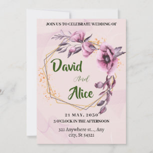 Wedding with pink watercolor flowers,gold frame invitation