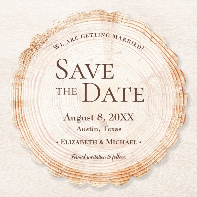 Wedding Wood cut slice tree bark save the date Paper Coaster (Front)