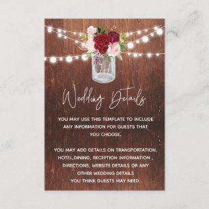 Wedding Wood Mason Jar Burgundy Details Enclosure Card