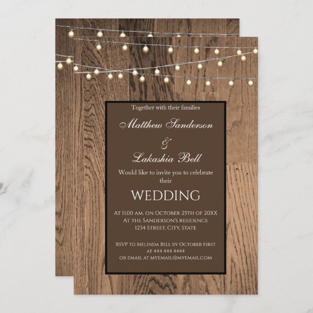 Wedding Wood Rustic Fairy Lights Invitation (Front/Back)