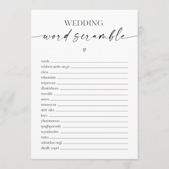 Wedding Word Scramble Bridal Shower Game Programme (Front)