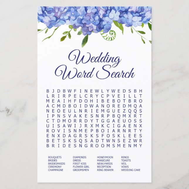 Wedding Word Search Blue Hydrangeas (Front)