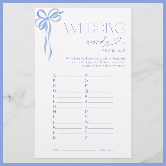 Wedding Words From A-Z Blue Bow Bridal Shower Game (Creator Uploaded)