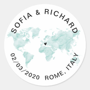 Wedding World Map Watercolor Removable Heart Classic Round Sticker