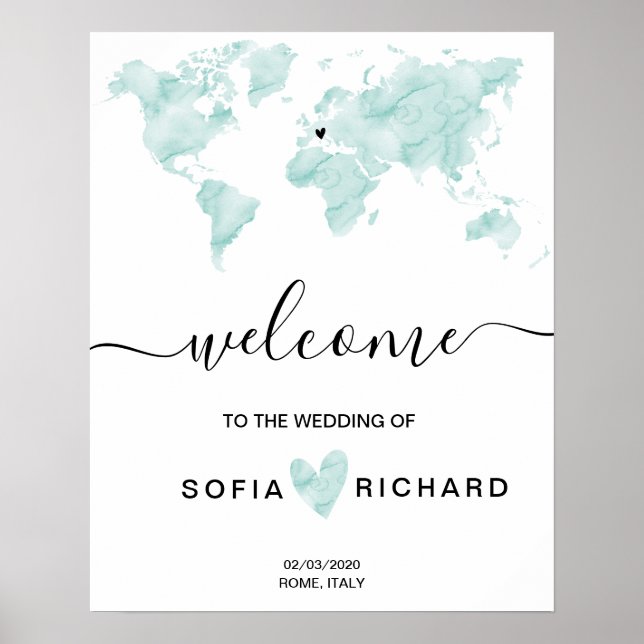Wedding  World Map Watercolor Removable Heart Poster (Front)