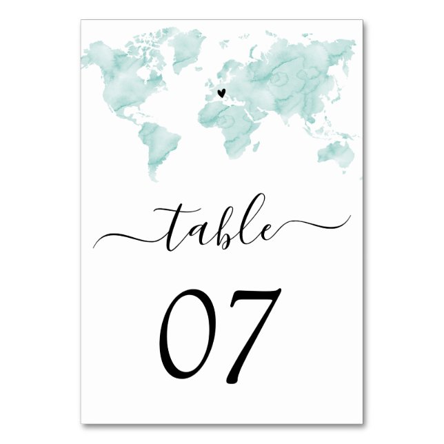 Wedding  World Map Watercolor Removable Heart Table Number (Back)