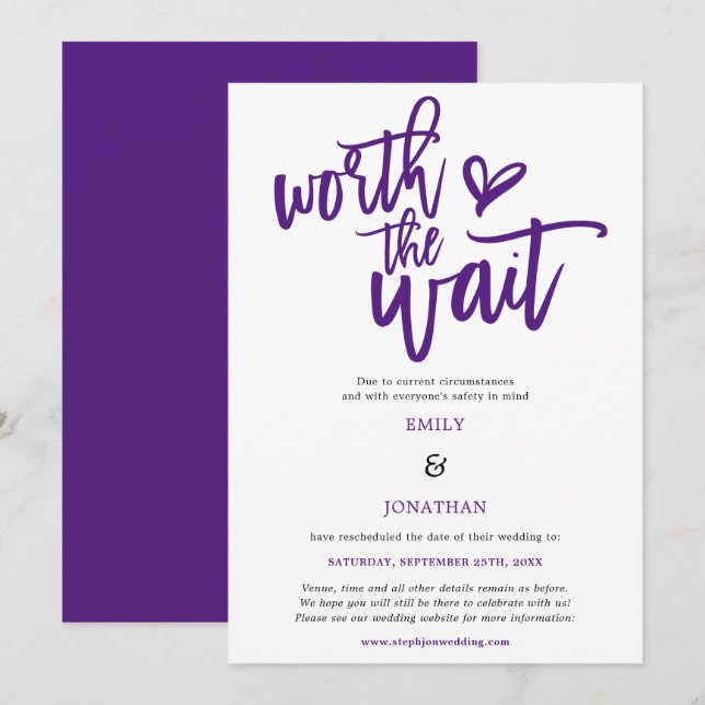 Wedding Worth the Wait Script Purple Save The Date (Front/Back)