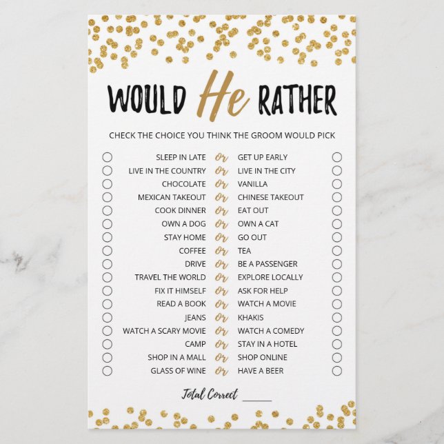Wedding Would He Rather editable game (Front)