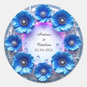 Wedding Wreath of Sparkling Blue Flowers Classic Round Sticker