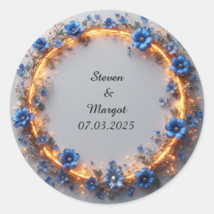Wedding Wreath with Blue Flowers and Glowing Light Classic Round Sticker