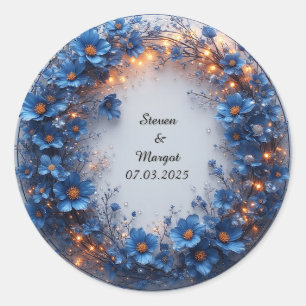 Wedding Wreath with Blue Flowers and Glowing Light Classic Round Sticker