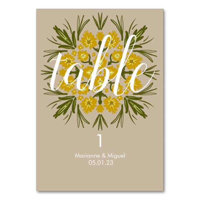 Wedding Yellow Floral Medallion Seating   Table Number (Front)