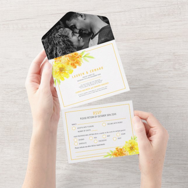 Wedding yellow marigold flowers watercolor  all in one invitation (Tearaway)