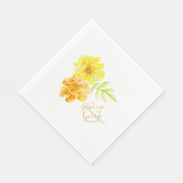 Wedding yellow marigolds watercolor paper napkin (Corner)