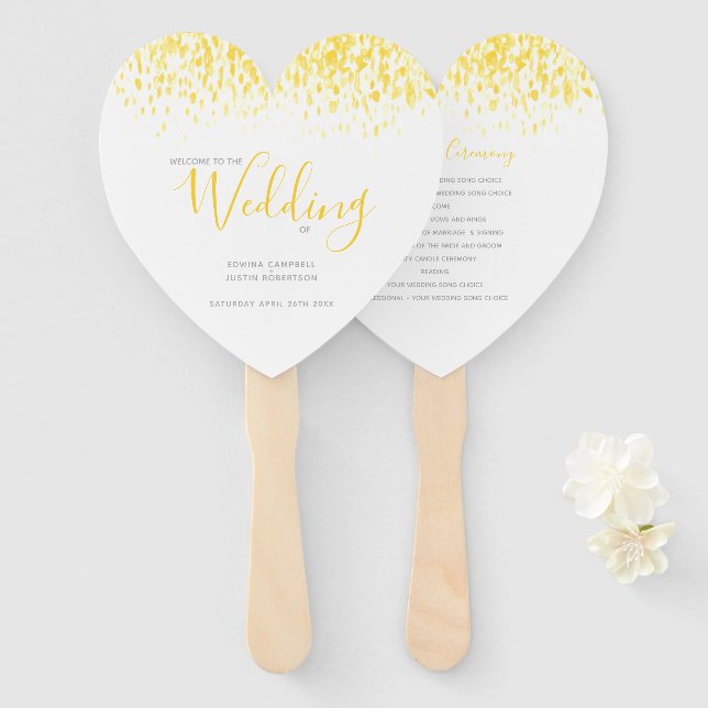 Wedding yellow modern tinted watercolor program hand fan (Front and Back)