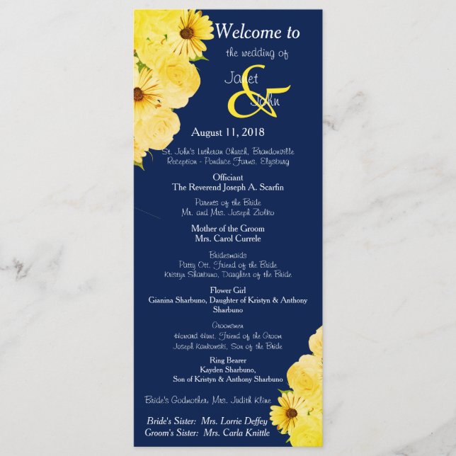 Wedding Yellow Roses & Daisies Program Programme (Front)