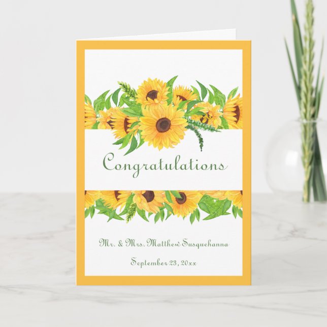 Wedding Yellow Sunflowers Name Congratulations Card (Front)