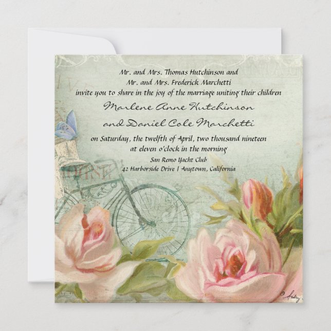 Weddings Hipster Bicycle Roses Rustic Wood Cottage Invitation (Front)