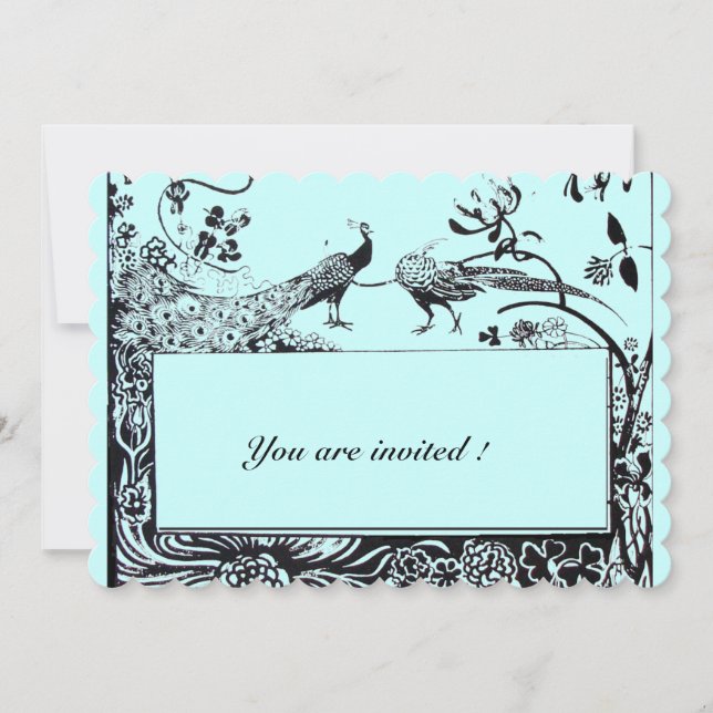 WEDDONG LOVE PEACOCKS Black Teal Blue Invitation (Front)