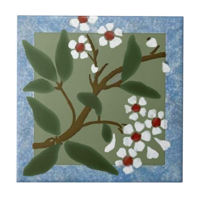 Wedgewood Blue Framed Blossoms Barbotine Repro Tile (Front)