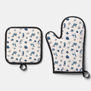 Wedgewood Blue Ocean Creatures! Oven Mitt & Pot Holder Set