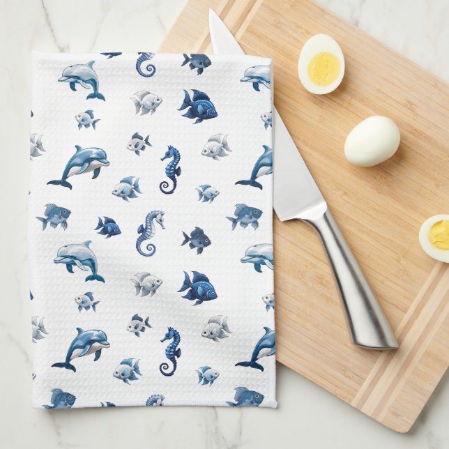 Wedgewood Blue Ocean Creatures! Tea Towel (Quarter Fold)