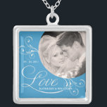 Wedgewood Blue Wedding Photo Pendant Necklace<br><div class="desc">ADD YOUR PHOTO -- Elegant and romantic personalised Engagement and Wedding Photo Necklaces, with a touch of vintage charm. Wedgewood china blue trimmed with light and delicate Victorian swirls and beautifully stylised script text. Just add the Bride and Groom's name to fit neatly into the open framed LOVE typography to...</div>