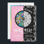 Wednesday Birthday Invitation<br><div class="desc">A vibrant graphic design features a circular stained-glass-like pattern divided in half,  one side with a colourful spiderweb design,  and the other side with a black and white spiderweb design,  against a backdrop of pink and black with decorative elements.</div>
