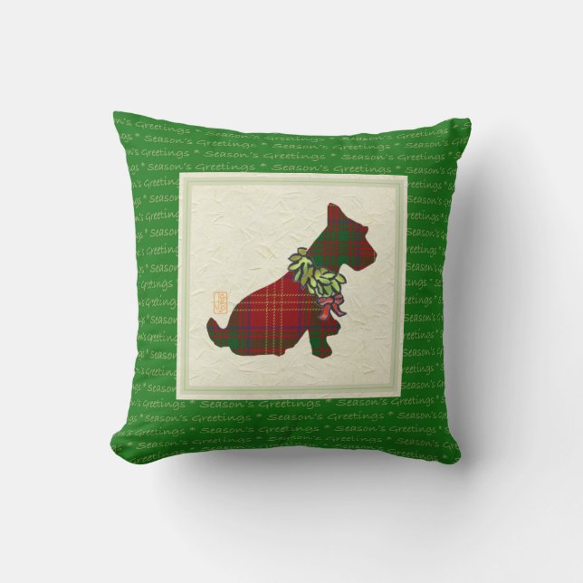 Wee Scottie Dog Merry Ruff! Ruff! 16" x 16"  Cushion (Front)