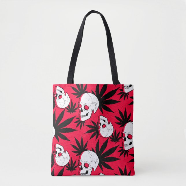 Weed and Skulls on Red Tote Bag (Front)