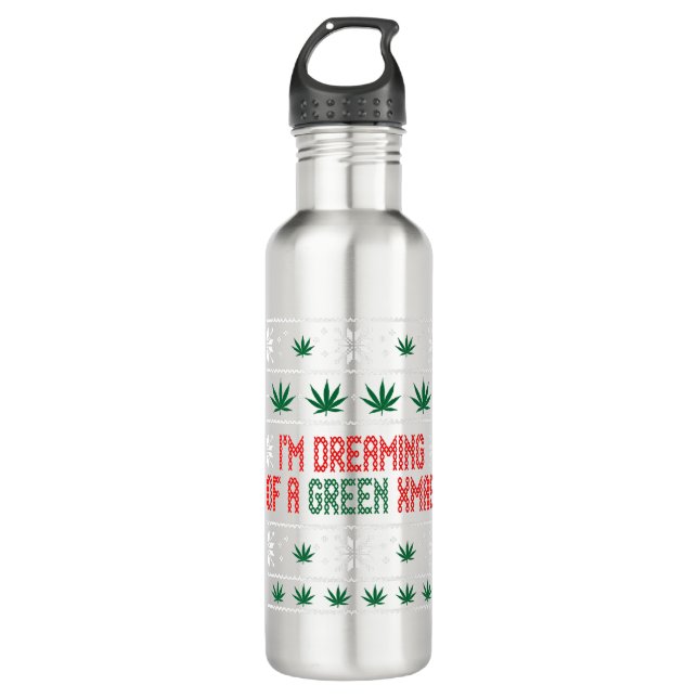 Weed Green Ugly Christmas Sweater Xmas 710 Ml Water Bottle (Front)