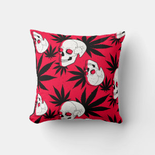 Weed Leaf Herbal Plant and Skulls on Red Cushion