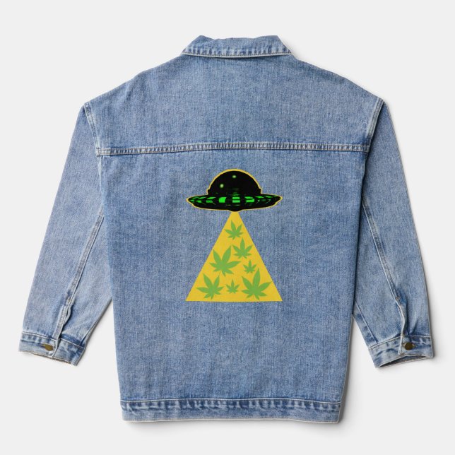 Weed Leaf Stoner Alien Abduction UFO Pot  Denim Jacket (Back)