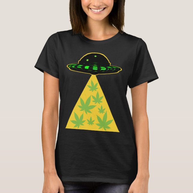 Weed Leaf Stoner Alien Abduction UFO Pot T-Shirt (Front)