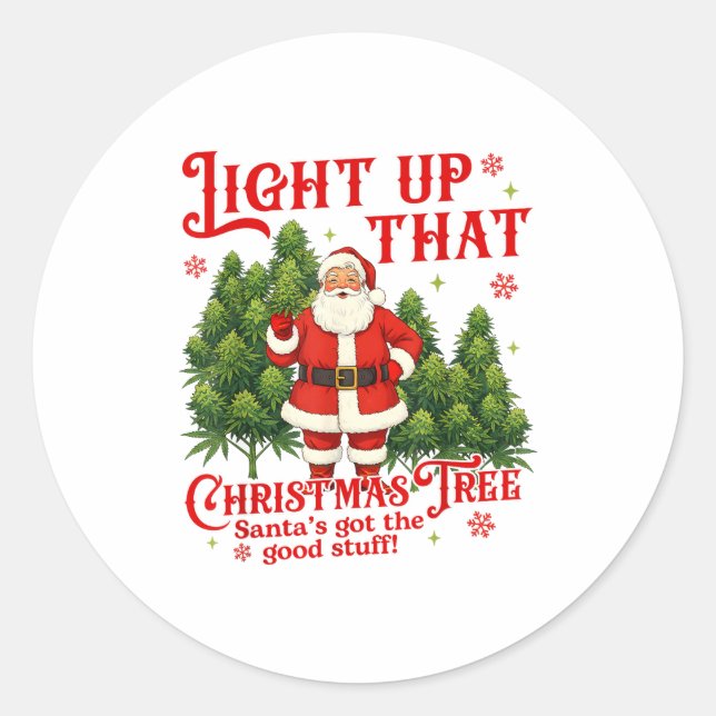 Weed Lover Smoking Light Up Christmas Tree  Classic Round Sticker (Front)